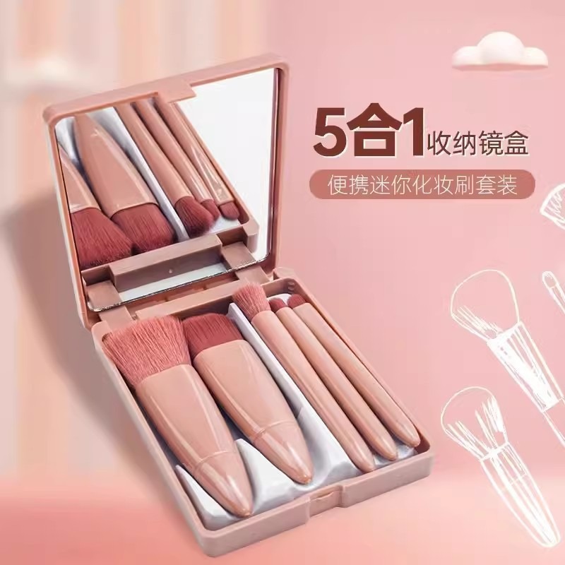 5 li mini aynalı kosmetik fırça seti - pudra ve allık fırçası