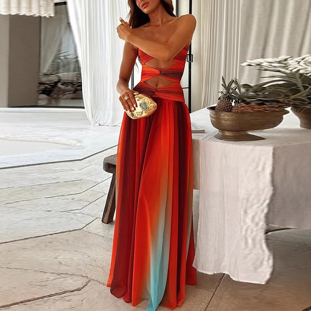 Elegant Strapless Long Dress Spring Summer 2025 Hollow out Backless Color Block Foreign Trade New Style_ecoleips.com