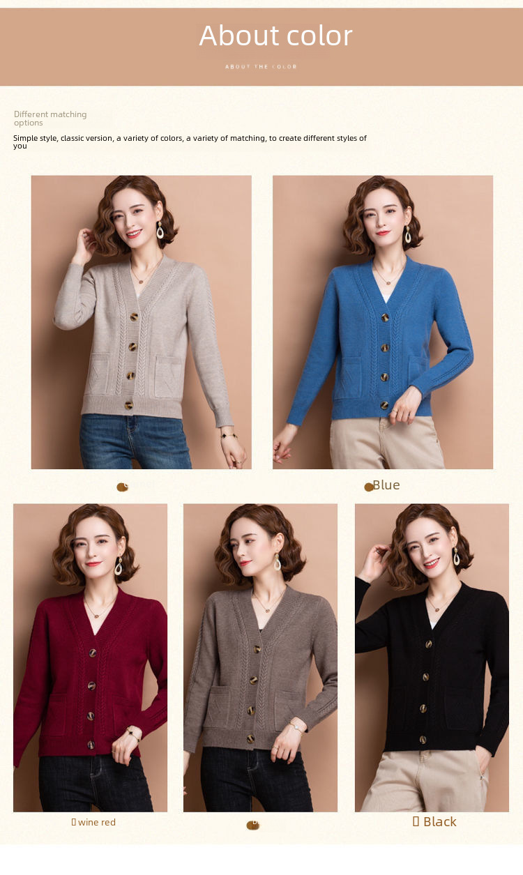 Women's V-neck Cardigan Solid Colour Long-sleeved Sweater Coat_voghion.com