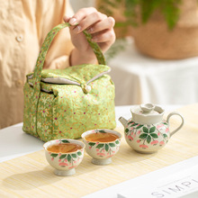 手绘功夫茶具草木灰釉下彩茶壶茶杯户外便携陶瓷一壶两杯旅行套装