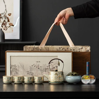 高档文创香道茶具套装复古敦煌金银错提梁壶茶具送客户银行伴手礼