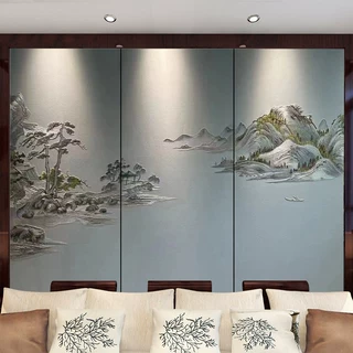 新中式沙发客厅山水刺绣背景墙卧室宋式床头壁布电视护墙板硬包