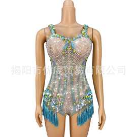 欧美重工水钻流苏连体三角裤女歌手派对夜场舞台演出服南宁高叉