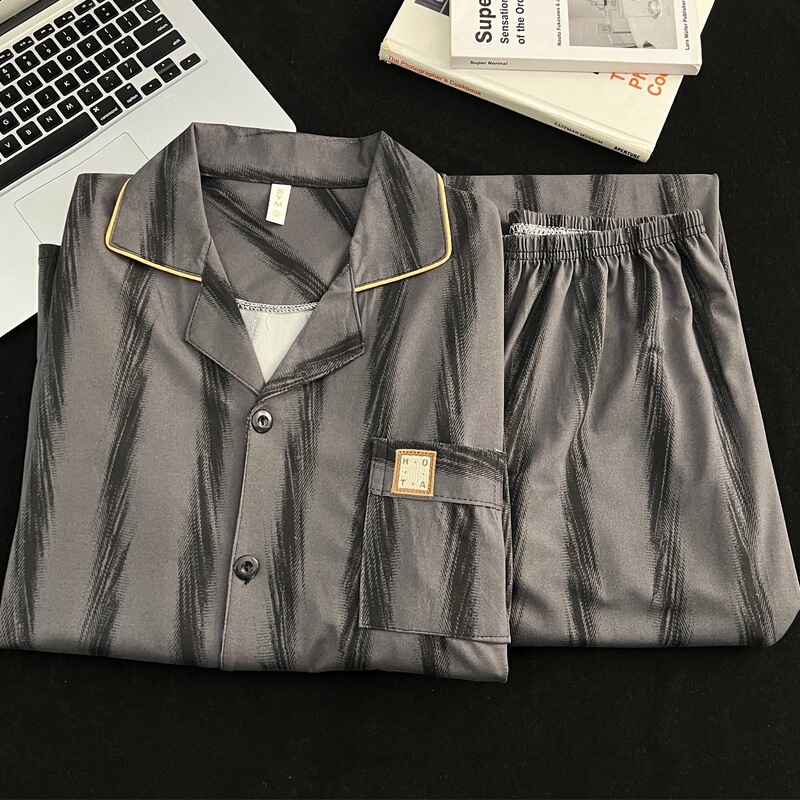 High-End Gray Striped Pajamas for Men in Spring and Autumn, Long-Sleeved Trousers, Simple Student Home Clothes Two-Piece Suit Manufacturer Ready Stock