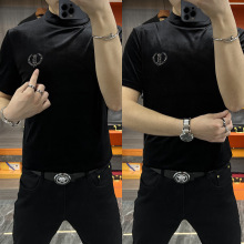 春秋款潮男时尚休闲短袖半高领打底衫舒适金丝绒烫钻百搭修身T恤