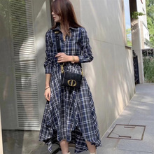 跨境新品女装韩国ins长袖格纹连衣裙修身过膝长款衬衫裙一件代发