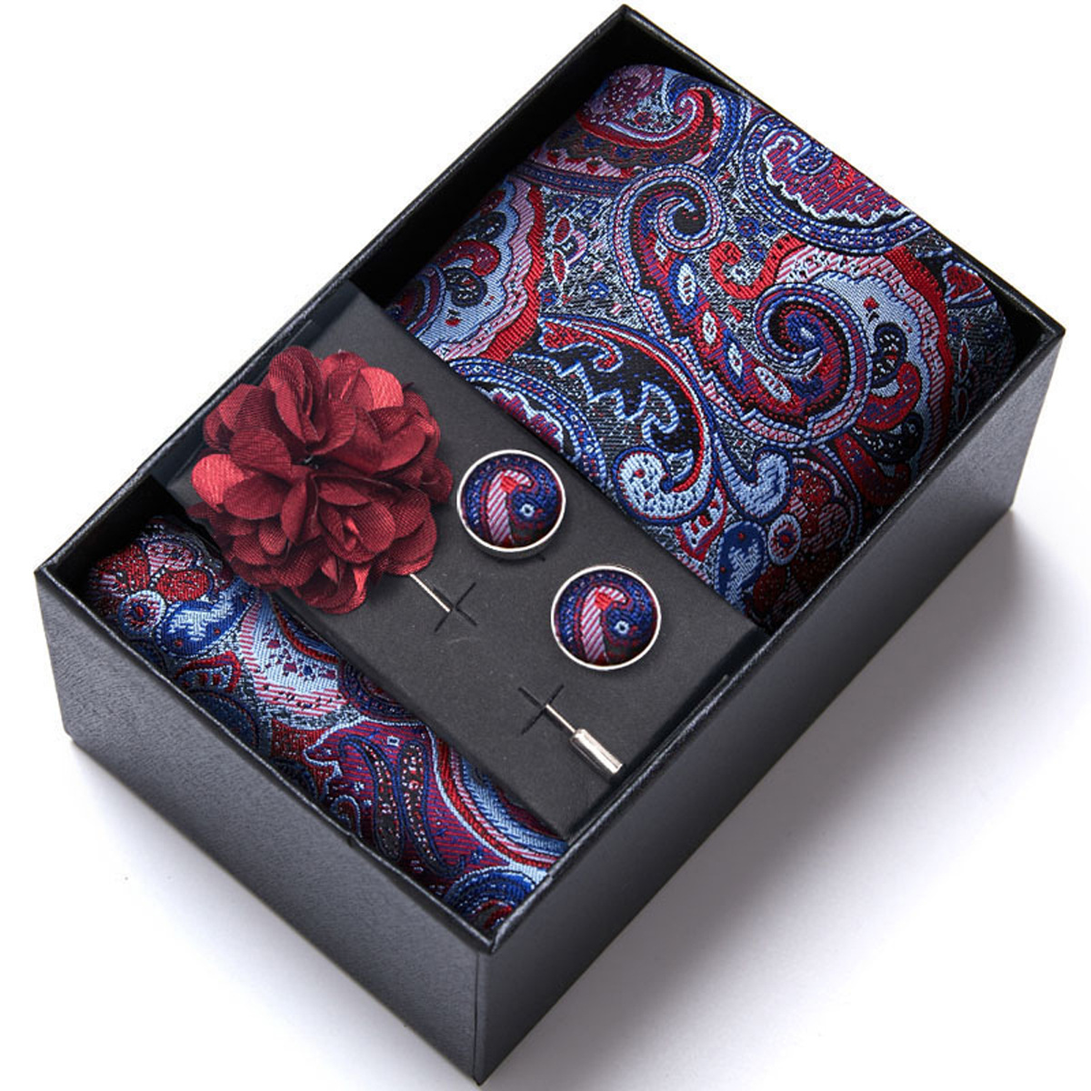 男性の新しい青いストライプのプリントネクタイのスカーフのカフスの胸の花のギフトボックスの包装の贈り物の佳品は祝日に適します。