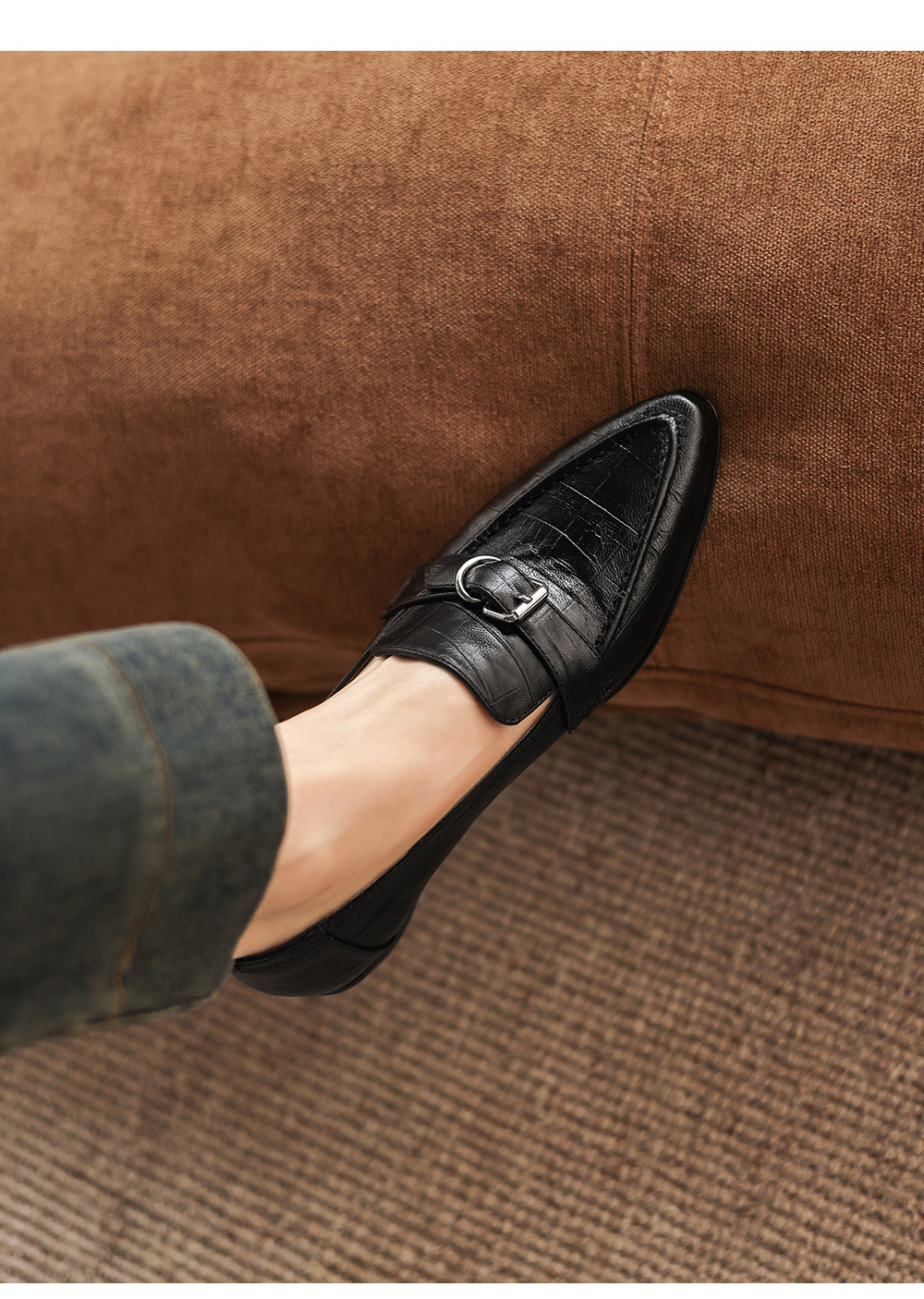 Giày loafer nữ phong cách Anh quốc, mũi sâu, gót thấp vuông, da bò — màu nâu chi tiết 18