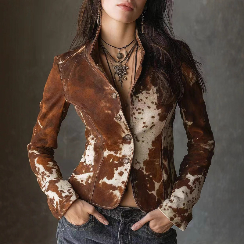 2025 European and American Women's Clothing Independent Station Lapel Printed Long-Sleeved Jacket Single-Breasted Personalized Jacket Small Suit