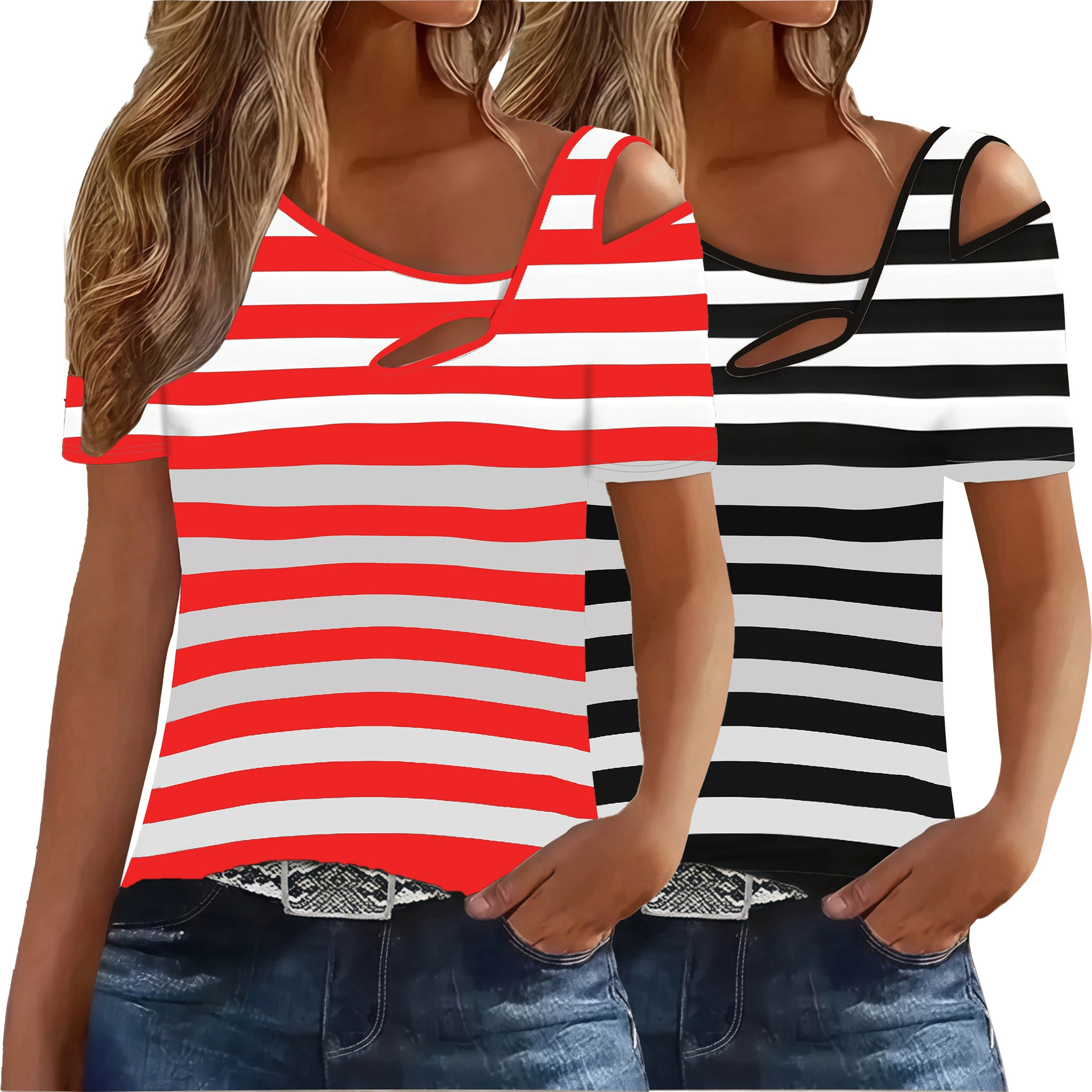 2025 Европейская и американская трансграничная независимая станция Amazon AliExpress, повседневная футболка с короткими рукавами и принтом в полоску, женская одежда больших размеров