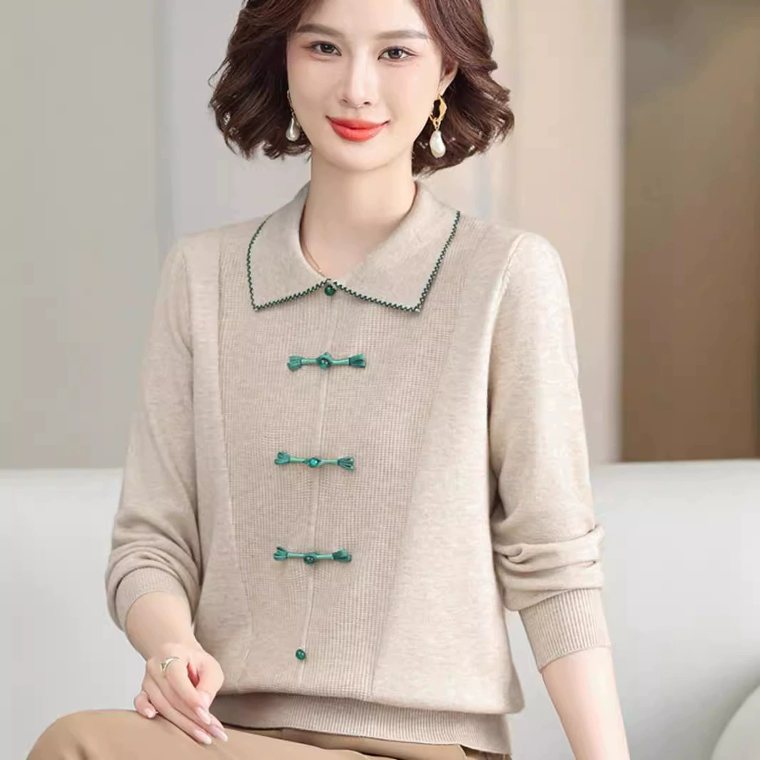 Мама осенняя новая китайская трикотажная рубашка с отворотом