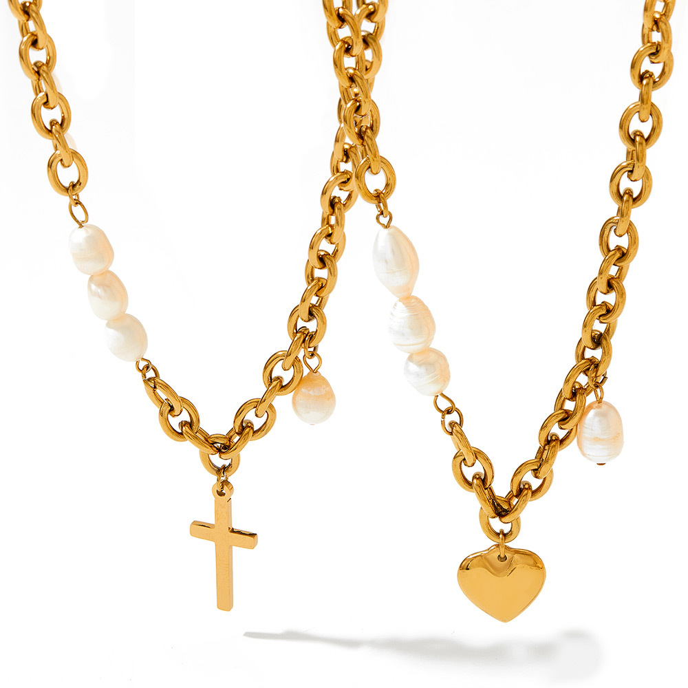 Baroque Style Cross Heart Shape Stainless Steel Pearl Necklace 1 Piece