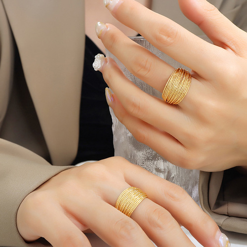 Open geometric fashionable non-fading multi-layered line half circle ring women's European and American titanium steel gold-plated ins jewelry
