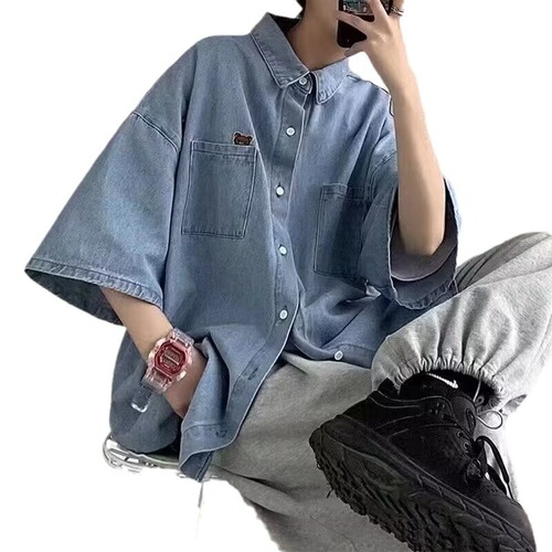Slim-fit denim short-sleeve shirt for men, summer workwear open jacket, loose Korean-style trendy versatile top