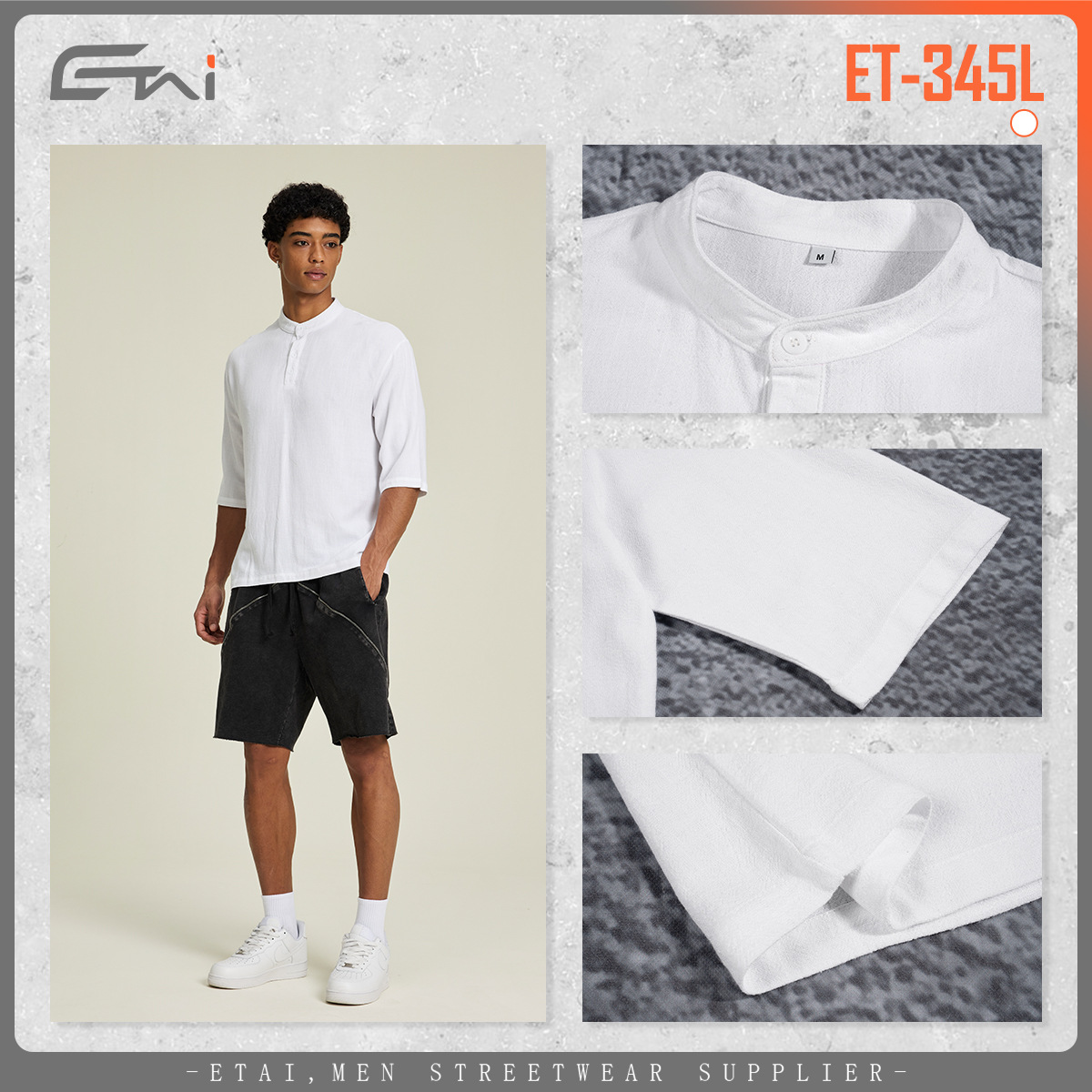 ETAI Hombre| Marca de moda nueva camiseta de hombre de manga corta suelta de verano transpirable de lino y algodón de collar vertical image 3