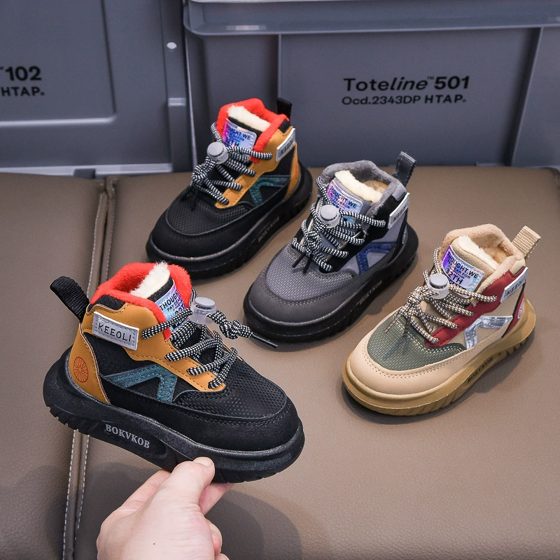 Детские зимние сапоги, новинка 2025 года, зимние уличные большие хлопковые ботинки на флисовой подкладке и утолщенные хлопковые сапоги для мальчиков, размер 21-30, детская обувь