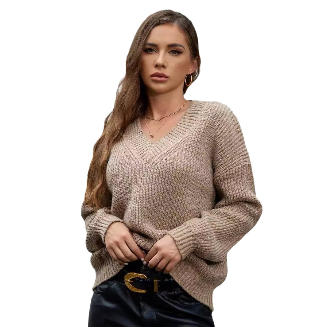 Amazon temperament V-neck pullover long-sleeved sweater cross-border foreign trade women's fashion solid color versatile knitted top for women