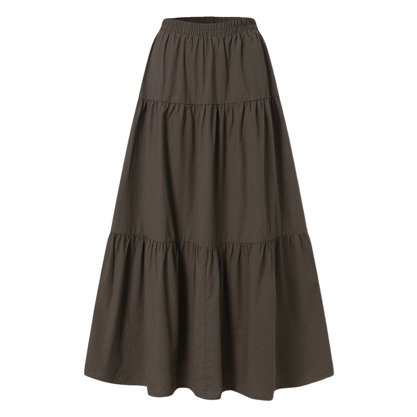 速売通の新型女性のハスの葉の縁の春のカジュアルな長いスカートの無地のスカートの復古の風格のしわのスカート