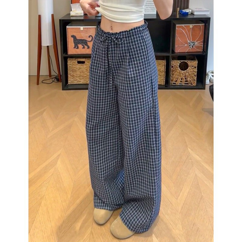 2026 New Blue Plaid Pants for Women, Summer Thin Loose-Fitting Casual Straight-Leg Slimming High-Waisted Wide-Leg Pants