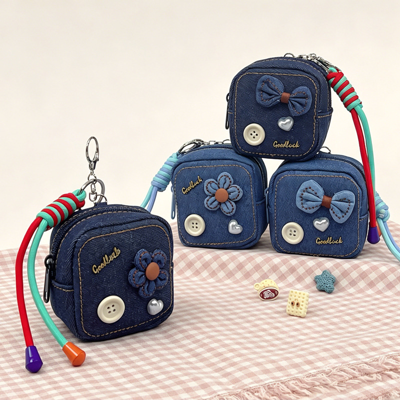 Denim mini coin purse with cute floral and bow decorations, small bag, key pendant, earphone storage bag, high aesthetic value Denim mini coin purse with cute floral and bow decorations, small bag, key pendant, earphone storage bag, high aesthetic value