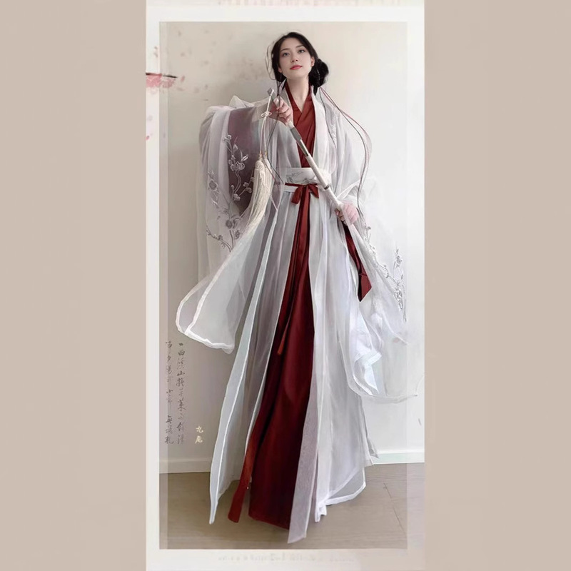 Original Hanfu Female [Pear Flower Pavilion] Wei Jin Xianqi New Large Sleeve Straight-fringing Embroidered Ancient Suit Hand-in-collar Daily suit