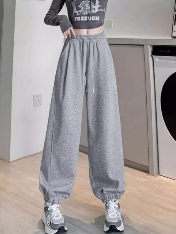 灰色美式运动裤子女2025春秋季新款宽松直筒阔腿裤休闲长款束脚裤|undefined