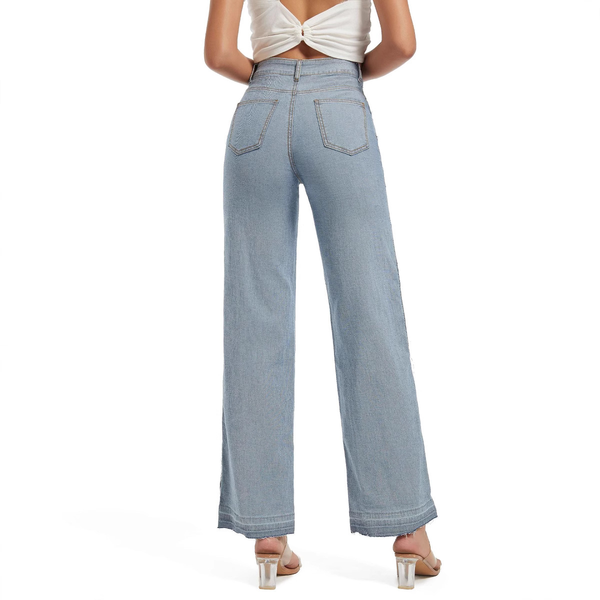 Nuevos jeans de mujer 2026 de cintura alta, con bloques de color y dobladillos deshilachados, de pierna recta, estilo europeo y americano, ajuste ceñido, elásticos, versátiles, en stock.