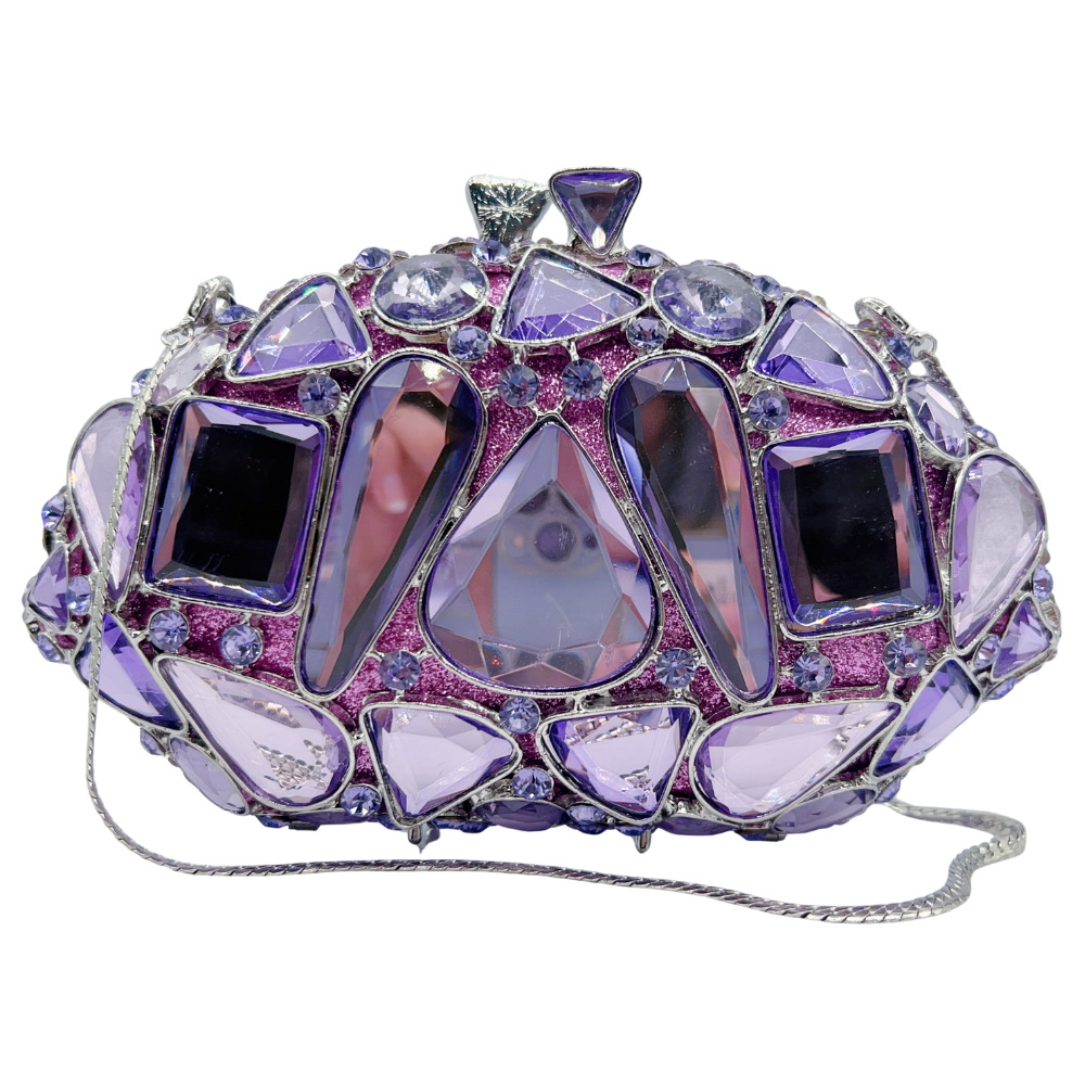 Túi clutch nữ đính đá dạ hội pha lê lấp lánh kèm dây xích đeo vai — tím hoa cà, màu vàng, cá nhân hóa chi tiết 2