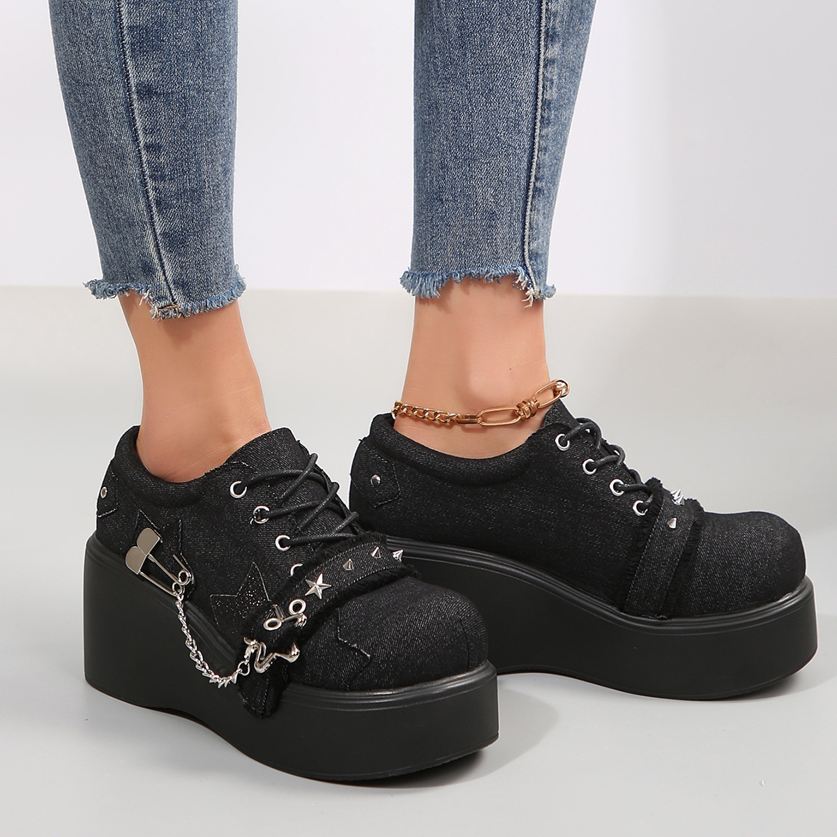 Women's plus Size Platform Wedge Shoes Denim round Toe Rivet JK Mary Jane Spring New Style_voghion.com