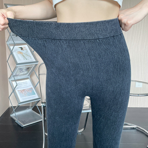 Chic grey faux denim leggings for women, stylish high-waist sandpaper pants, outerwear tight long pants