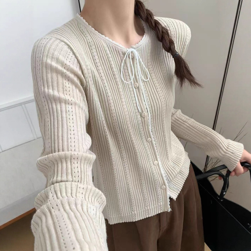 十三行2025早秋新款蝴蝶结系带镂空针织开衫女坑条修身显瘦毛衣|undefined