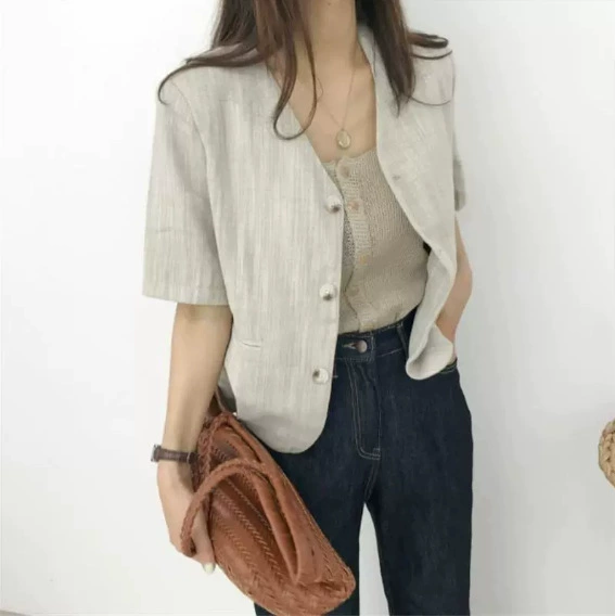 Корейские короткие топы для женщин, лето 2024, новые свободные топы и куртки из хлопка и льна с короткими рукавами