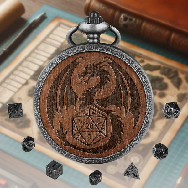 (Private Model) Dnd Dice Accessory Watch Case, Antique Silver Laser-Engraved Dragon Pattern Thick Waist Chain Vintage Watch Case