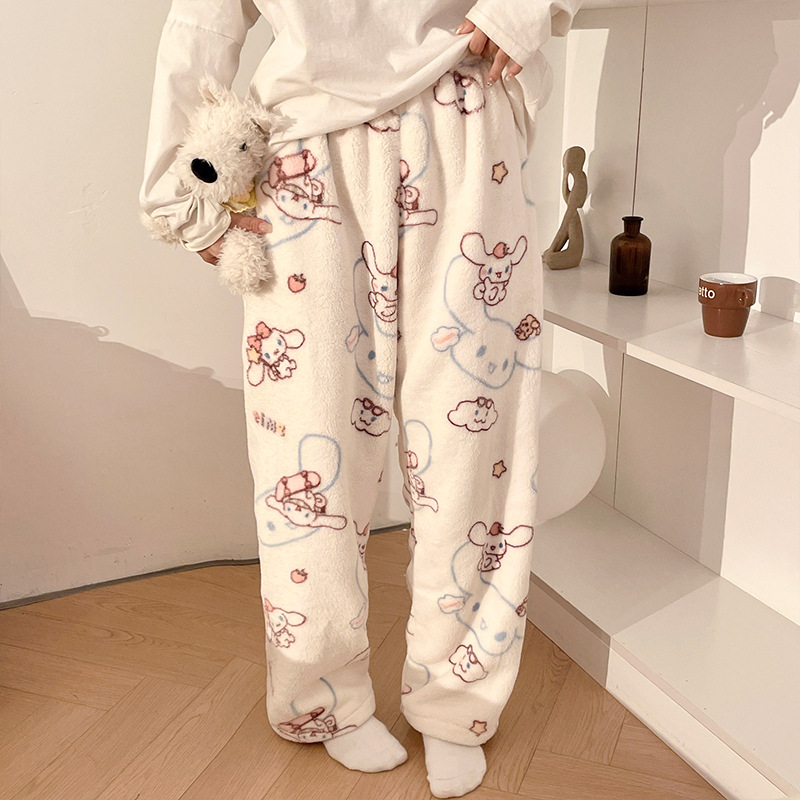Pantalones de pijama de franela de dibujos animados de otoño y invierno para mujeres con pantalones de lana de coral caliente para estudiantes de lana de invierno para el hogar