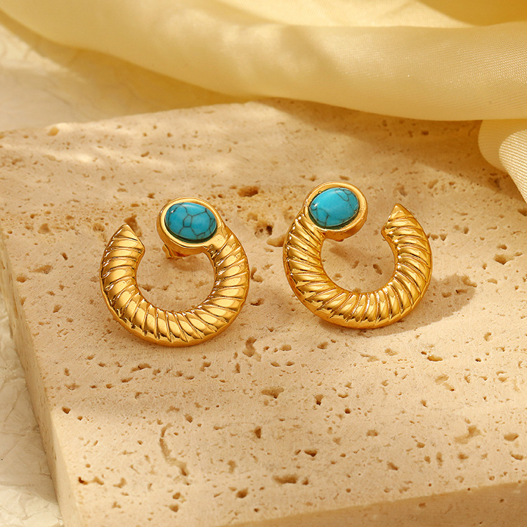Transfronterizos retro franceses 18K oro acero inoxidable pendientes turquesa nicho de alta calidad pendientes para mujeres