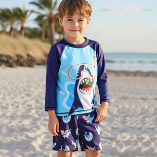 Children's Swimwear 2025 New Boy Cartoon Shark Sun Protection Swimsuit Split Small, Medium and Large Kidsren's Long-Sleeved Quick-Drying Swimming