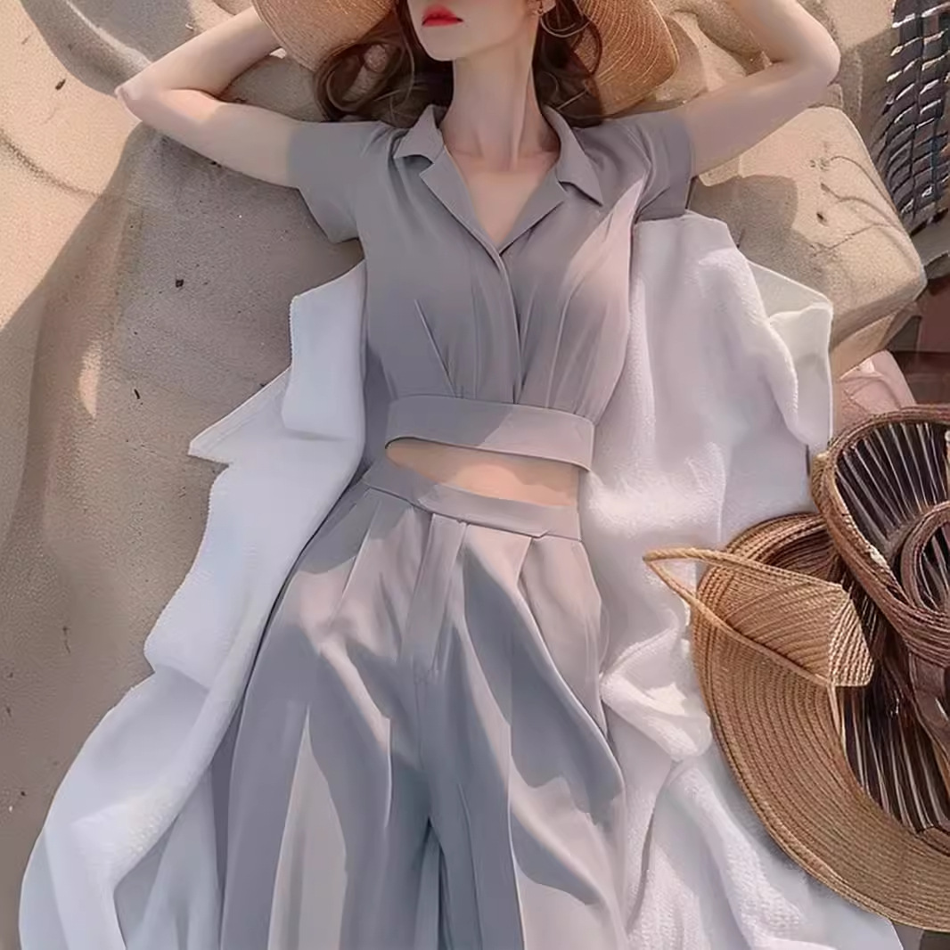 Bộ áo sơ mi nữ tay dài màu xám phối quần ống rộng thanh lịch — màu xám, đỉnh đơn