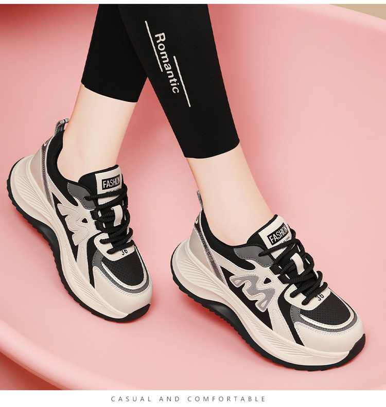Giày sneaker nữ chunky đế dày phối màu gấu trúc, mặt da thoáng khí xuân hè 2025 — JST 7043m gót đỏ cao 5.5cm, JST 7025m màu xám, chiều cao gót 4,5cm + chiều cao bên trong tăng 0,6cm, JST 1803m đế đơn màu đen cao gót 5.0cm, JST 2139- 1m cà phê nhung gót cao 4.0cm chi tiết 6