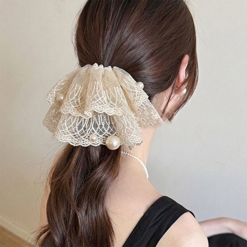 Off-White Lace Pearl Scrunchie, Hepburn-Style Low Bun Hair Tie, High Elasticity, Durable Ponytail Hair Rope, Elegant Hair Accessory
