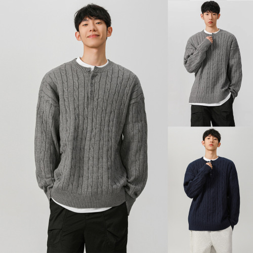 Henry Long-Sleeve Knit Sweater Men's Cable Knit Spring and Autumn Base Shirt Outerwear Casual Business Foreign Trade Cross-Border Wholesale