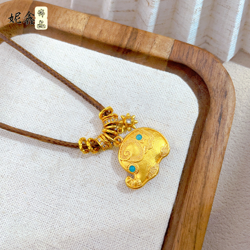 妮鑫手作古法沙金珐琅彩墩墩象diy盘缠蜡绳吊坠女新中式编绳项链|undefined