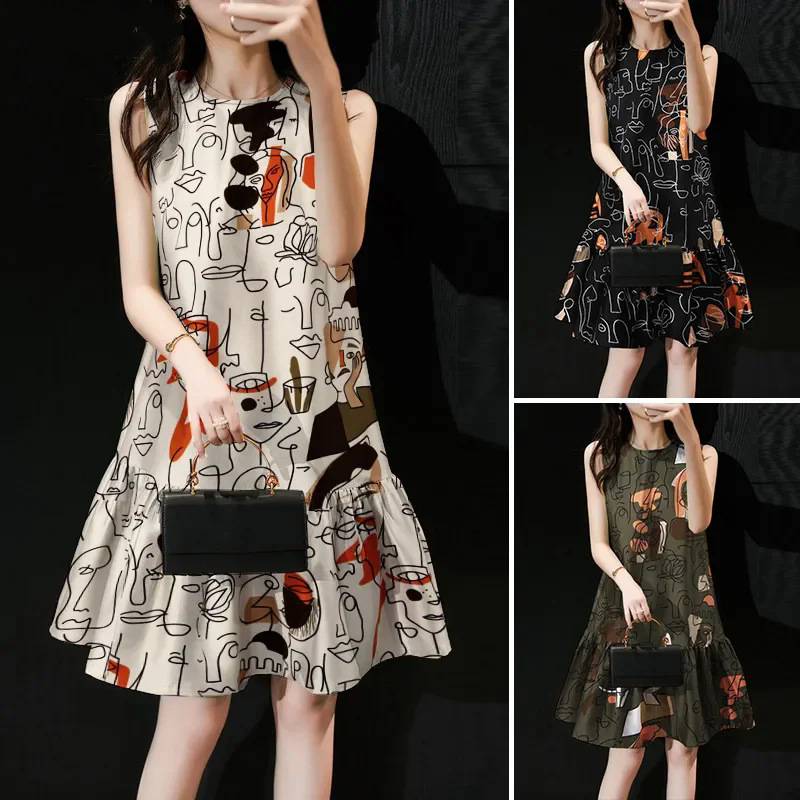 새로운 패션 꽃 한국 여성 패션 민소매 크루 넥 파티 원피스 꽃 인쇄 휴일 해변 태양