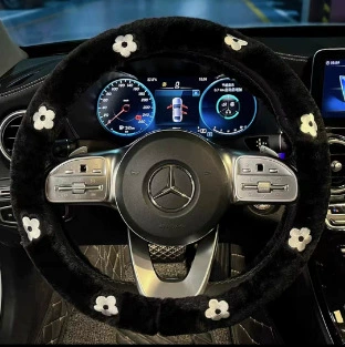 Steering wheel cover – Car Steering Wheel Handle Cover - black-rabbit-hair-embroidered-multiple-flowers-steering-wheel-cover-38cm