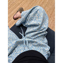 韩系复古碎花印花睡裤女长裤夏季新款大码高腰阔腿休闲裤子可外穿