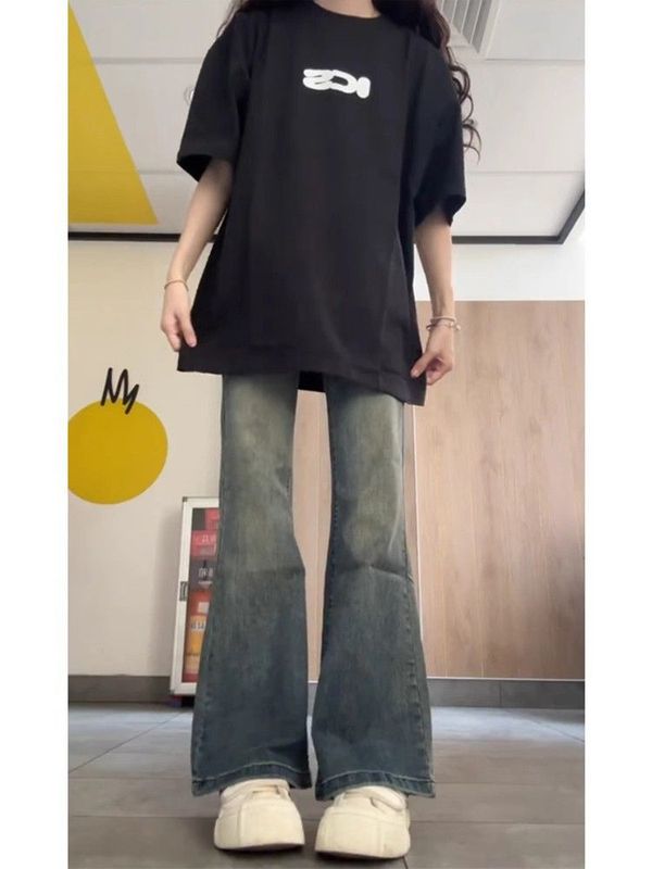 美式复古高街水洗做旧微喇牛仔裤女夏季新款高腰显瘦简约弹力裤子|undefined