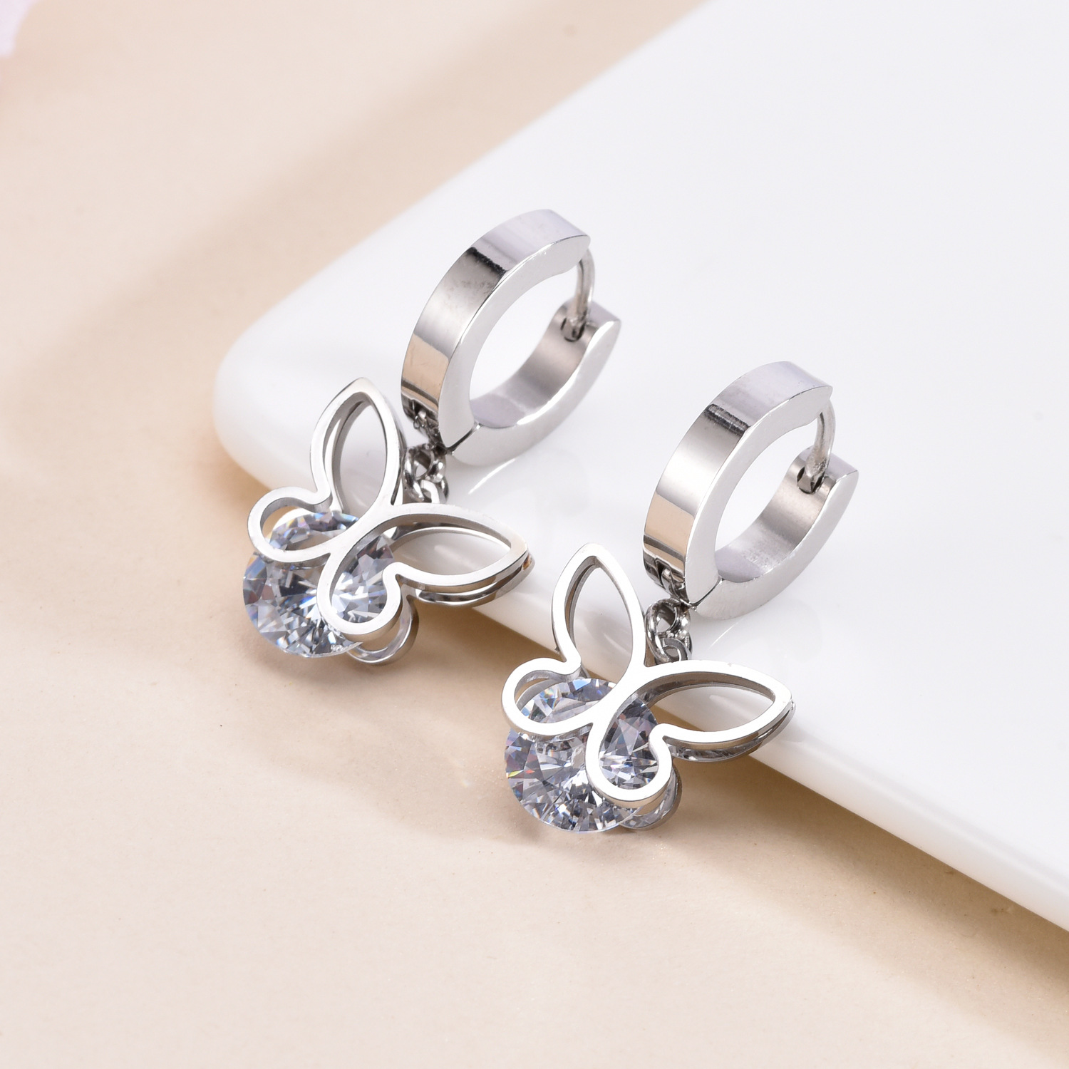 304 Stainless Steel Ear Needle Material 18K Real Gold Plated Plating Material Zircon Inlay Material PVD Coated Real Gold Plated 18K Gold Butterfly Stainless Steel INS Style Waterproof Non Tarnish Drop Earrings