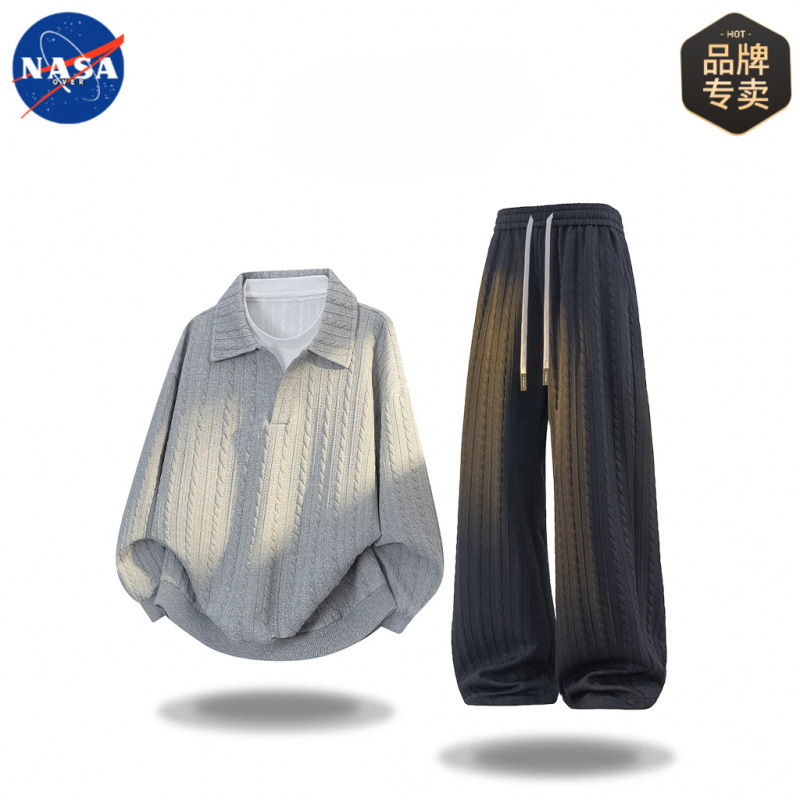 NASA品牌男士大码提花卫衣肌理感套装春秋季宽松高级感卫衣两件套|undefined