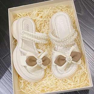 Women's Summer Outer Wear with Skirt Pearl Sandals 2025 New Bow Thick Sole Heightening Two-Wear Roman Sandals