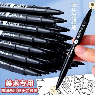 水性勾线笔儿童绘画防水不掉色美术专用勾边笔小双头黑色记号画笔