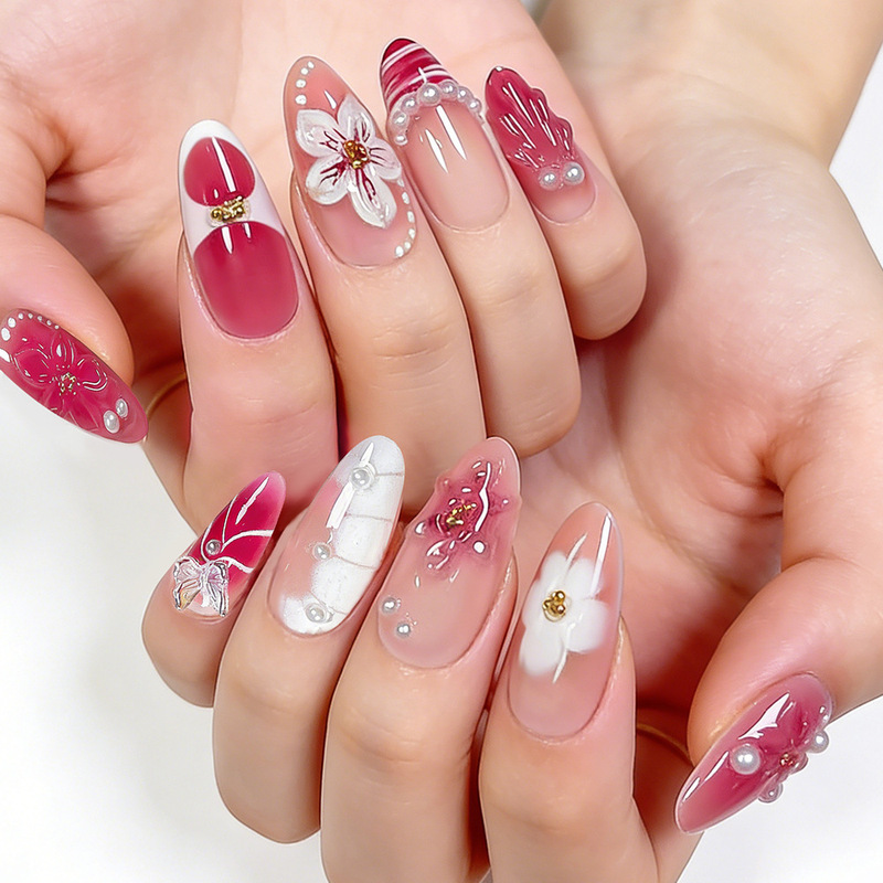 30 Pieces of Gradient Pink Cherry Blossom Resin Press-On Nails with 3D Butterfly, Pearl, and Almond Designs for Wholesale